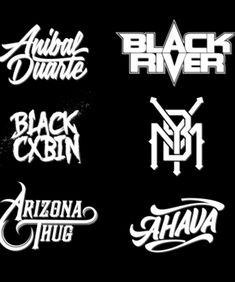 six different font styles for logos and stickers on a black background with white ink