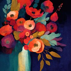 a painting of red and pink flowers in a blue vase on a dark background with green leaves