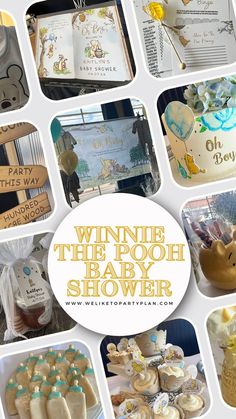 a collage of winnie the pooh baby shower items