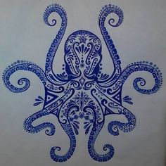 an octopus drawn in blue ink with intricate designs on it's body and head