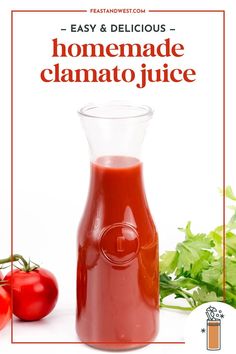 a glass bottle filled with homemade tomato juice next to tomatoes and lettuce on a white background