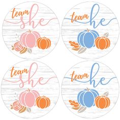 four round stickers with the words team she, team she and pumpkins