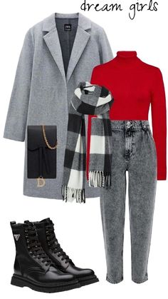 Grey Coat Outfit, Mode Mantel, Winter Fashion Outfits Casual, Wardrobe Outfits, Trendy Fall Outfits, Classy Work Outfits, Red Sweater, Trendy Fall, Casual Chic Outfit