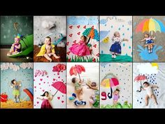 many different pictures of children with umbrellas