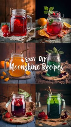 four different jars filled with liquid and fruit