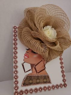 an image of a woman with a flower on her head wearing a hat made out of burlap