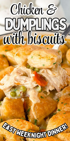 Creamy chicken and dumplings casserole scooped up on a spoon held over the baking dish.