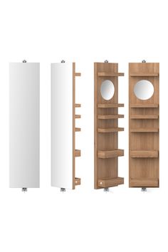 three wooden shelves with mirrors on them