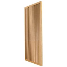 a wooden door with vertical slats on the front and bottom panel, against a white background