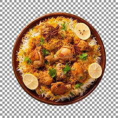 chicken and rice dish on a plate with lemon slices