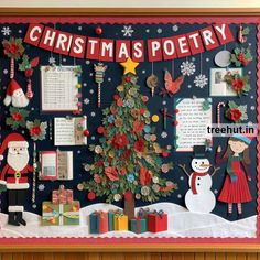 a christmas themed bulletin board with santa, snowman and other holiday items on it