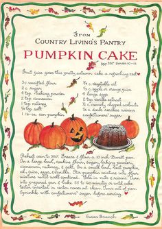 an old recipe book with pumpkins and a cake on the table in front of it