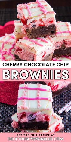 These easy Cherry Chocolate Chip Brownies are a winner! Combined with a cherry buttercream filling and a white chocolate ganache topping, this holiday baking recipe for chocolate brownies is a decadent sweet treat to make at home. Save this Christmas dessert idea! Chocolate Chip Brownies Recipe, Baked Fruit Desserts, Cherry Buttercream, Chocolate Chip Brownies, Holiday Baking Recipes, Christmas Desserts Easy, Chocolate Fudge Brownies, Cherry Chocolate, Buttercream Filling