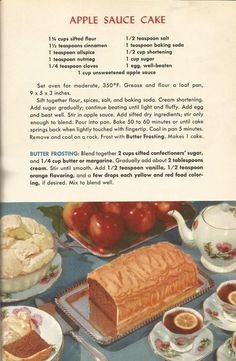 an advertisement for apple sauce cake on a table with other desserts and teacups