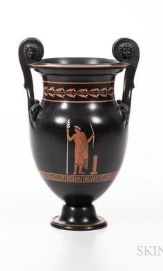 a black vase with an ancient scene painted on it's front and side rim