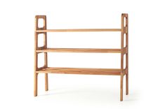 a wooden shelf with three shelves on each side