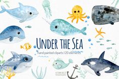 under the sea hand painted cliparts with watercolor fish, octopus, jellyfish and other marine creatures