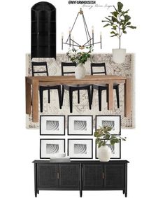 black and white dining room decor with pictures on the wall, plants in vases and chairs