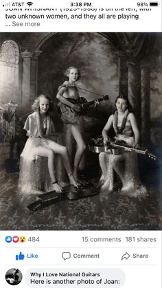 an old photo of three women with guitars