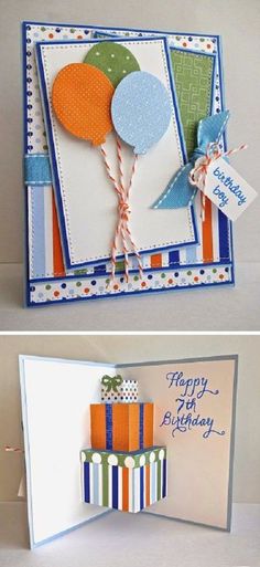 two cards with balloons on them and the words happy birthday written in blue, orange and white