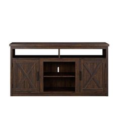 an entertainment center with sliding doors on the front and side panels, in dark wood