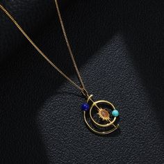 ♡ 18K Gold Solar System Necklace Minimalist Necklace♡ This Planets Around The Sun Pendant Solar System Necklace is a one of a kind, gorgeous-deep-space jewelry style beauty! It boldly features your favorite star and the little gemstone planets at center inside a solid gold orbit pendant and shines through with the depth of the universe and its infinite elegance, especially when kissed by the light! This hypoallergenic jewelry-chain necklace is a perfect everyday necklace that adds so much person Space Jewelry Men, Space Themed Necklace, Solar Eclipse Jewelry, Space Inspired Jewelry, Spacecore Jewelry, Space Jewelry Aesthetic, Unique Jewelry Necklaces, Minimalist Brass Necklace With Gemstone, Minimalist Brass Gemstone Necklace