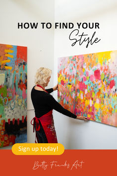 Betty Franks standing in front of one of her original pieces of artwork on canvas. Find Your Art Style, Own Art Style, Colorful Abstract Art, Art Courses, Art Business, Find Your Style, Free Guide, How To Find