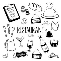 the word restaurant surrounded by different types of food and drink items in black and white