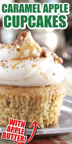 a cupcake with white frosting and caramel toppings on top is shown