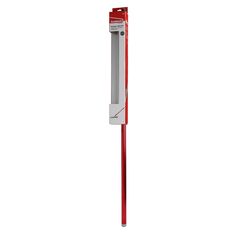 a red metal pole with a white sign on it's top and bottom corner