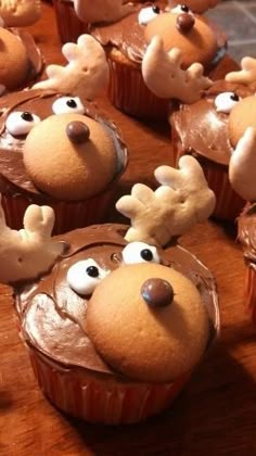 some cupcakes with reindeer faces on them