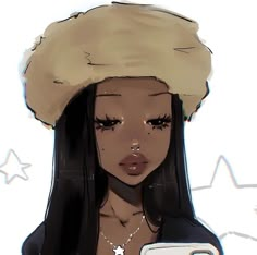 a drawing of a woman wearing a hat and holding a cell phone in her hand