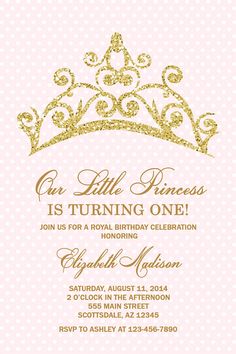 a princess birthday party with gold glitter tiara on the front and pink polka dot background