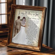 a wooden frame with an image of a bride and groom in wedding attire holding hands