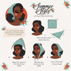 Hair Scarf Pattern, Vintage Hair Scarf, Summer Scarf Style, Beehive Illustration, Head Kerchief, 60s Vintage Fashion, Vintage Hairstyles Tutorial, Cute Scarf