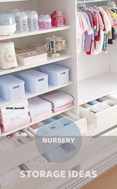 an organized nursery closet with lots of baby items and storage bins for diapers