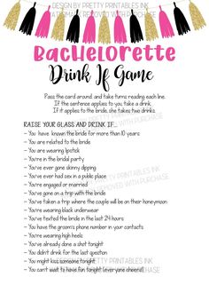 Bachelorette drink if game featuring a black, pink and gold tassel garland along the top. 3 Person Bachelorette Party, Drink If Game Bachelorette, Hilarious Bachelorette Games, Spicy Bachelorette Questions, Bachlorette Party Activities Fun, Batcholorette Games, Black And Pink Bachelorette Party, Drinks For Bachelorette Party, Bachorlette Party Ideas