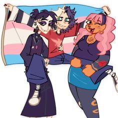 two women standing next to each other with their arms around one another while the woman is holding a flag