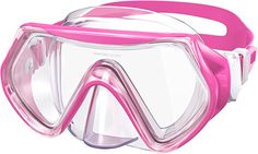 a pair of pink scuba goggles with clear lenses on the front and side