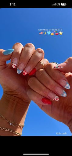 4th Of July Nail Inspo Almond, Nail Inspo Acrylic Christmas, Nails Almond Design Summer, Lisi Shops Nails, 24th Of July Nails, July Nails Ideas 2024, Colorful Design Nails, Summer Nail Designs 2020, Fun Nail Designs Fall