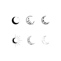 six phases of the moon in black and white, with one half drawn to it's side