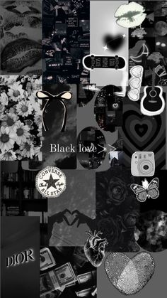 black and white collage with flowers, hearts, pictures, and other things on it