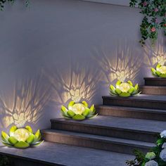 some lights that are on the steps in front of plants and flowers with water lilies