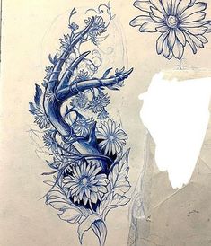 a drawing of a tree and flowers on a piece of paper with some watermarking