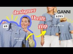 a woman is showing off her blue shirt with the words designer thrift flip on it