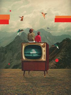 two people sitting on top of a tv set with birds flying around the television screen