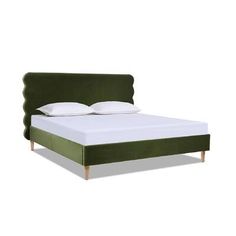 a bed with green headboard and white pillows on top of it, against a white background