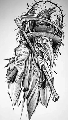 a drawing of a person wearing a hat and holding a knife in one hand with a skull on the other