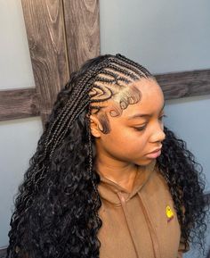 Hairstyles Braids Half Up Half Down Straight Hair Long, Fulani Braids With Weave In The Back, Small Fulani Braids Hairstyles Designs, Braids With Weave Hairstyles, Fulani Braids With Sew In, Half Braids Half Sew In Weave, 2 Braids With Weave, Half Braids, Straight Braids