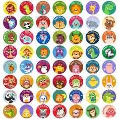 an assortment of cartoon animal badges